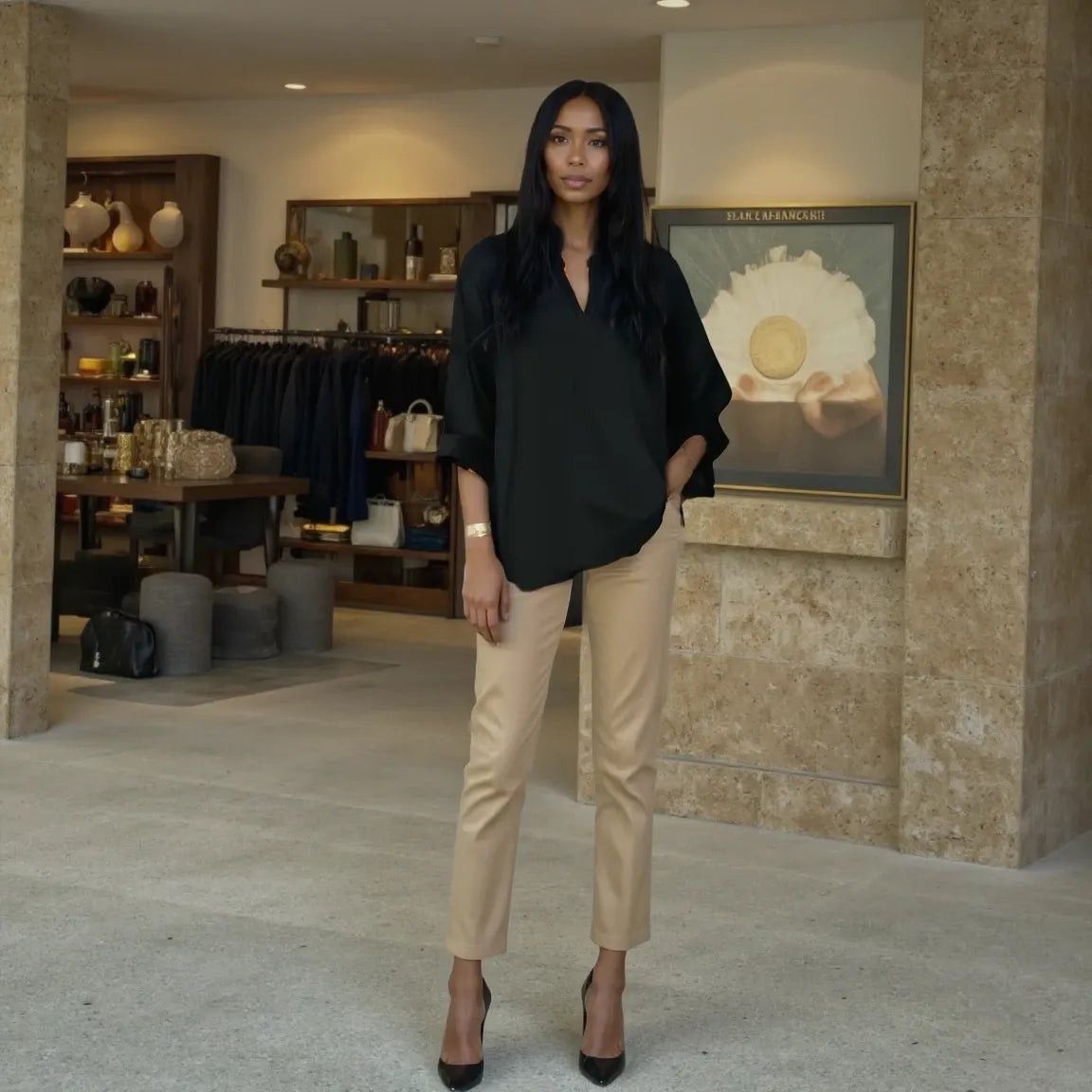 Woman in black top and beige pants standing in a store interior.