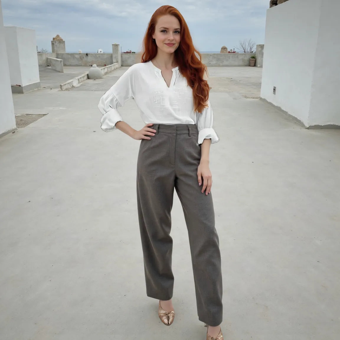 Woman in white blouse and gray pants standing on a rooftop.