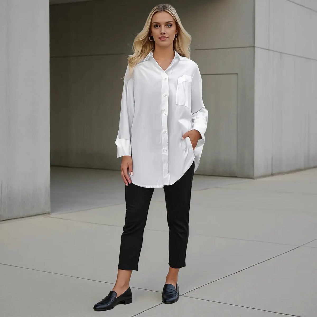 Woman wearing a white shirt and black pants standing against a neutral background