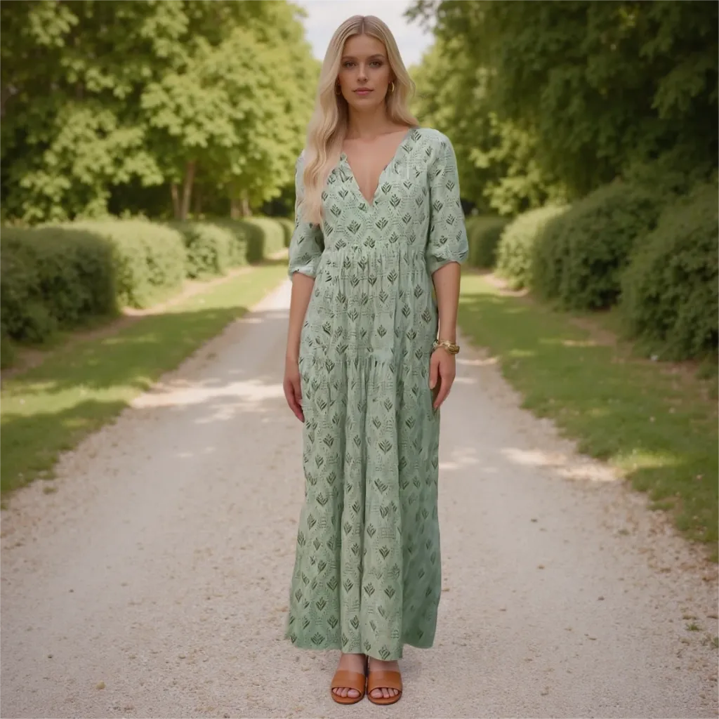 Woman in a green dress standing on a path with trees in the background