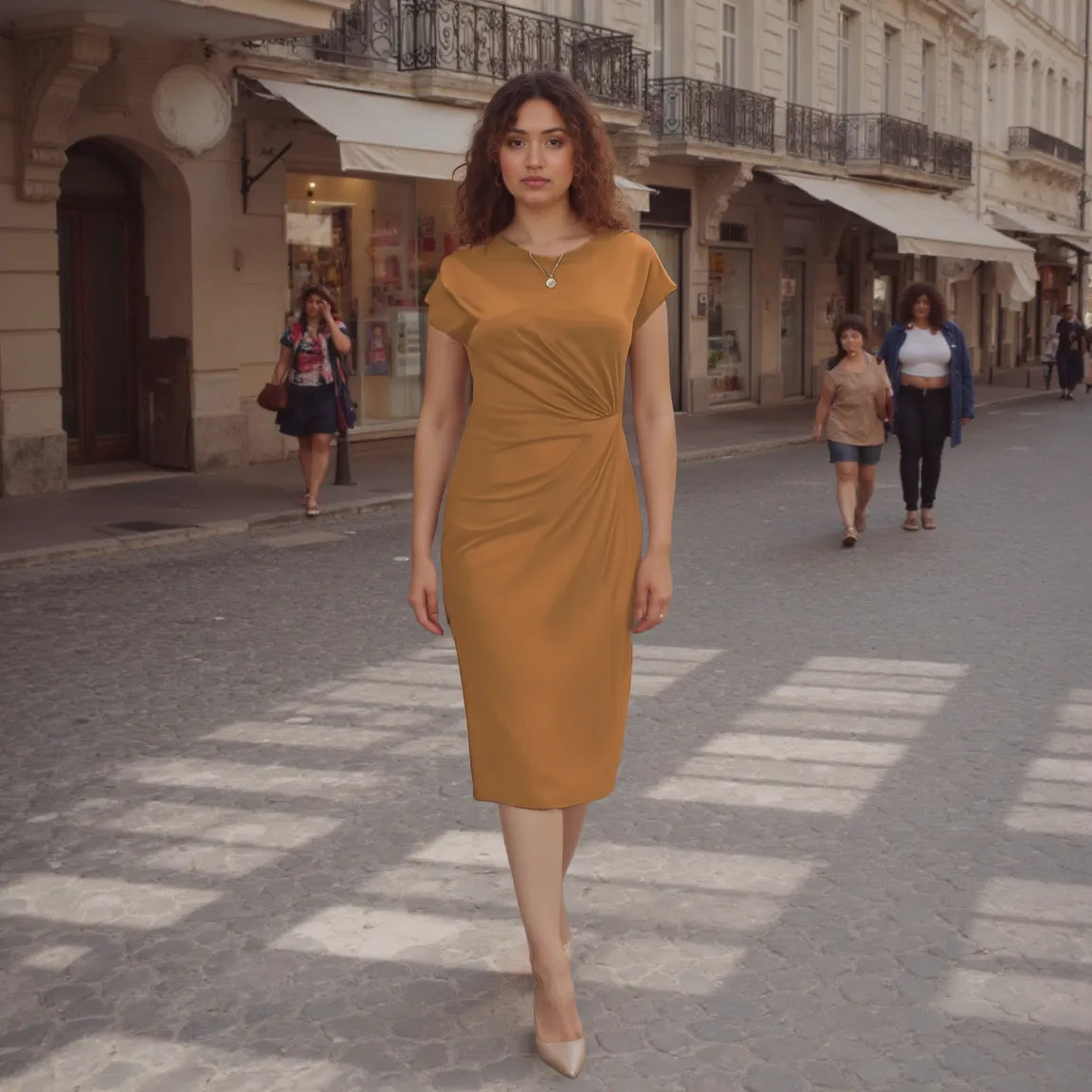 Woman in a mustard yellow dress walking on a city street.
