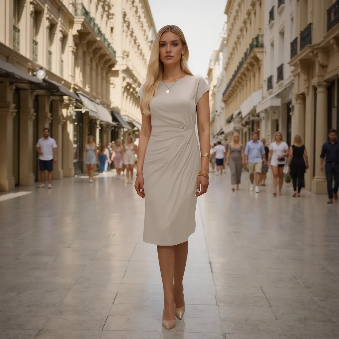 Woman in a light-colored dress standing in a sunlit street with people in the background
