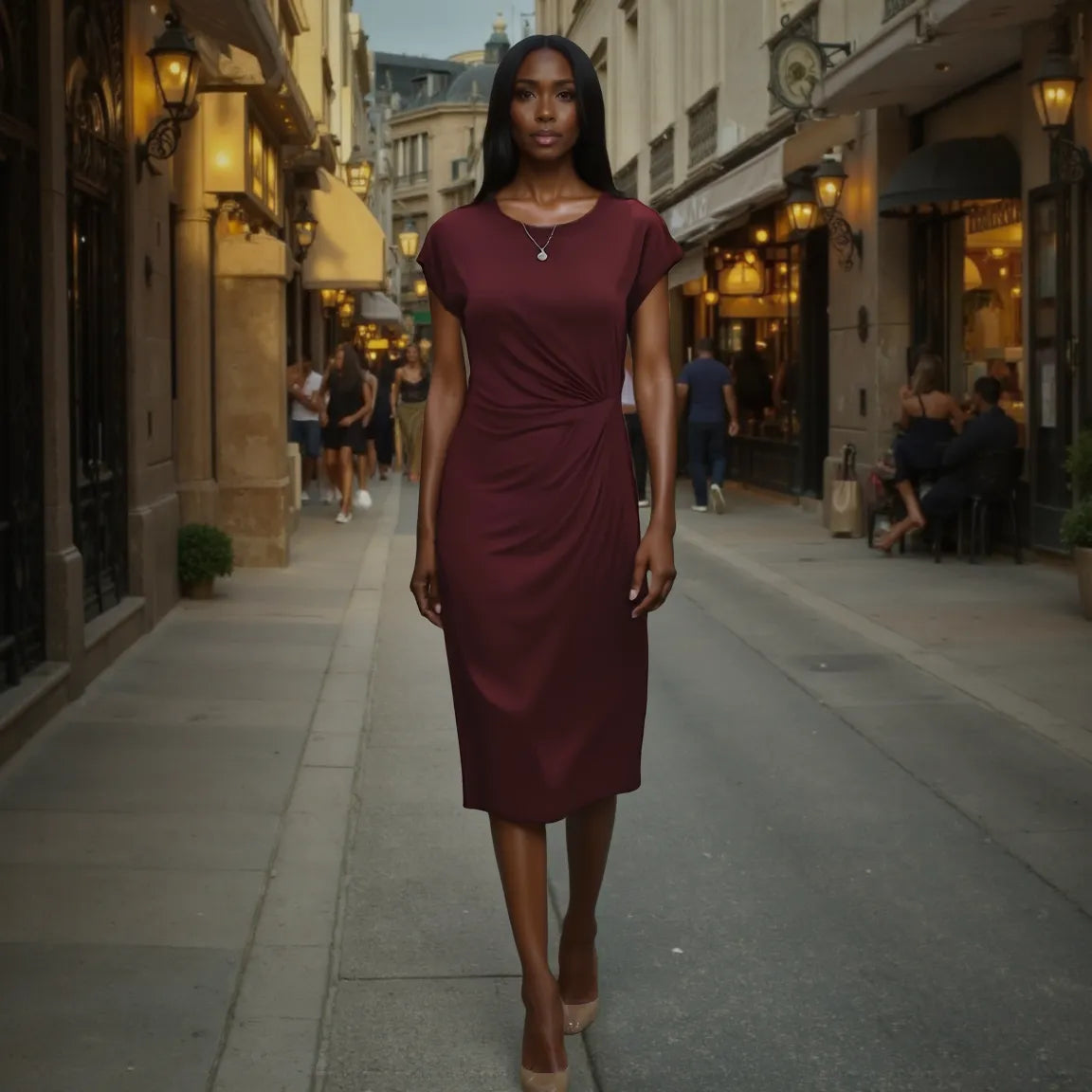 Woman in a burgundy dress standing on a city street