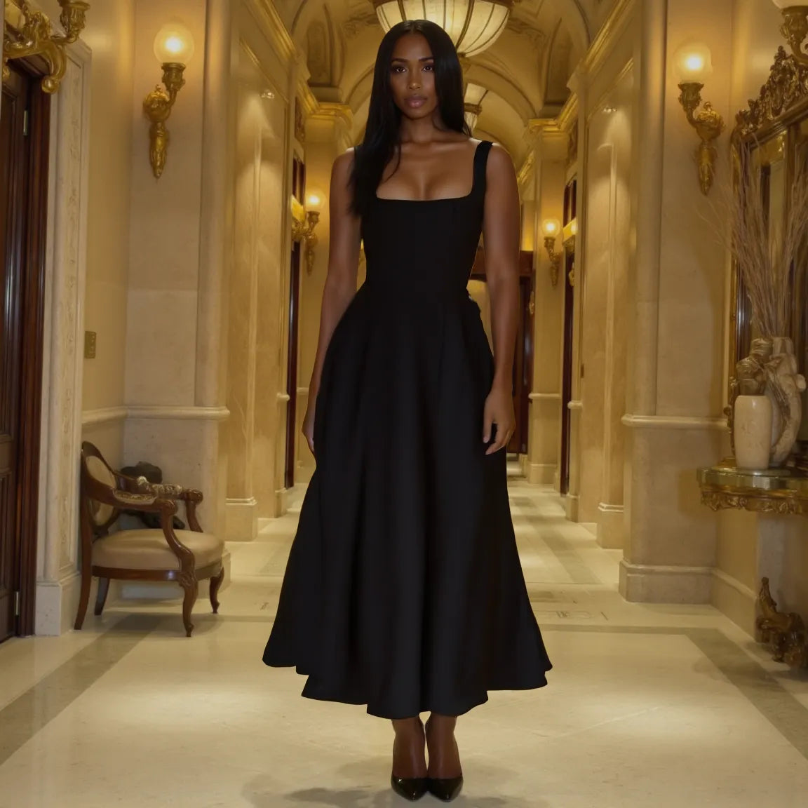 Woman in a black dress standing in an elegant hallway with gold accents.