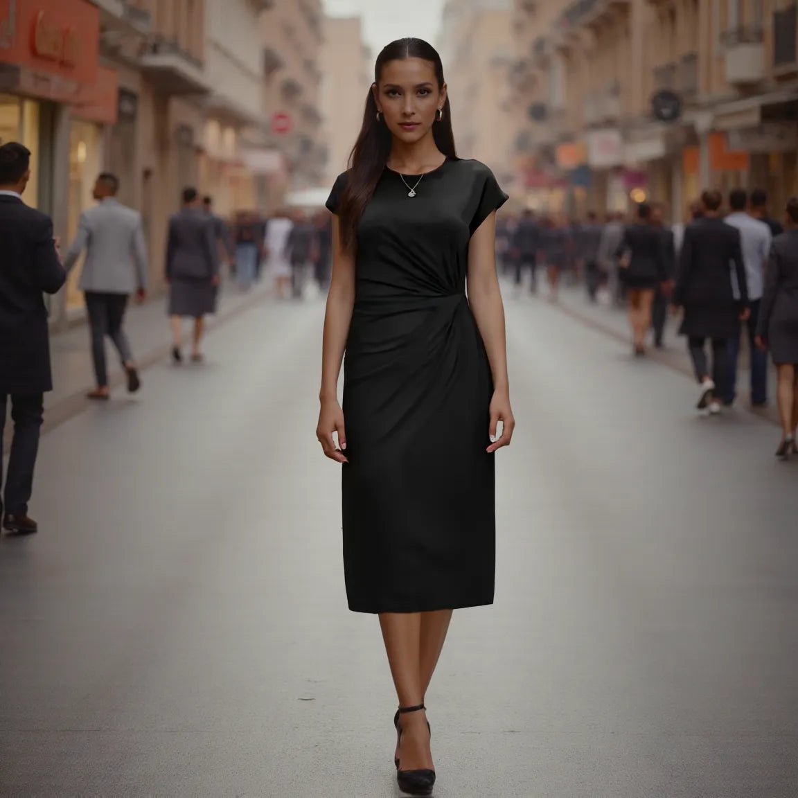 Woman in a black dress standing on a busy street