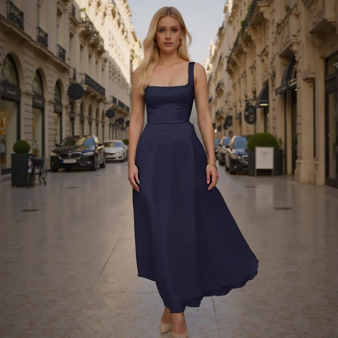 Woman in a navy blue dress standing on a city street.