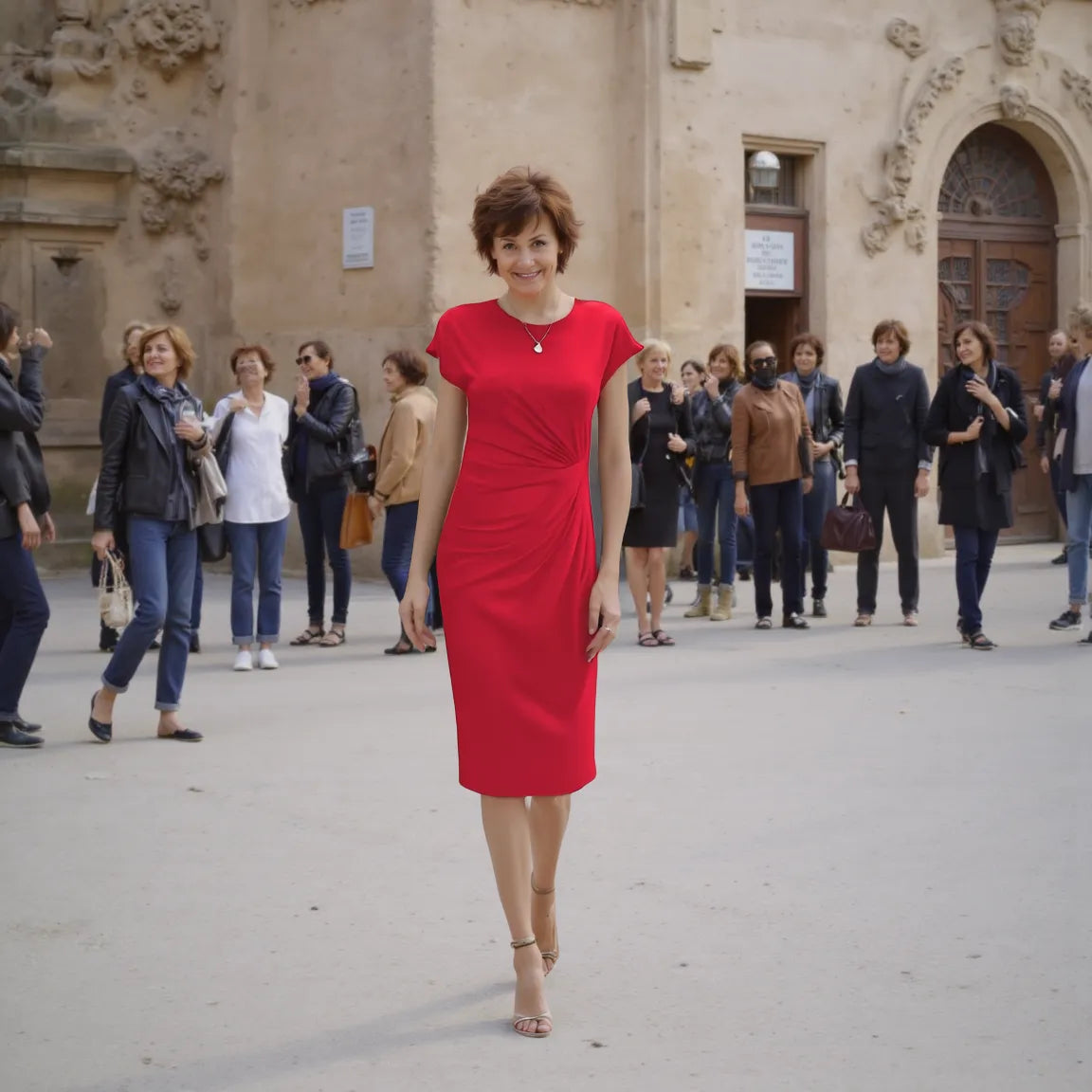 Woman in a red dress standing in front of a crowd with a historical building in the background