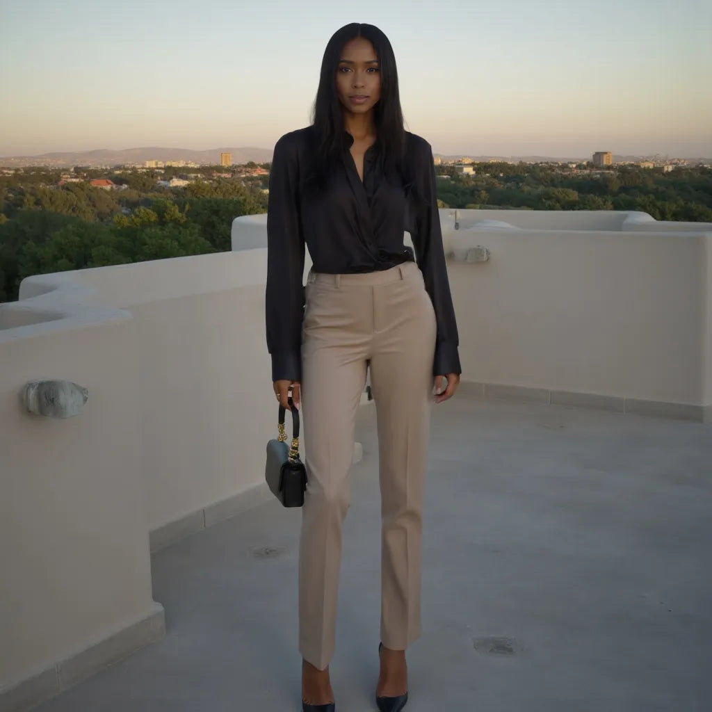 Woman in black blouse and beige pants standing on a rooftop with a cityscape in the background