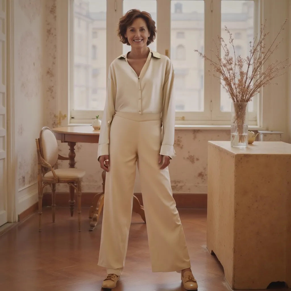 Woman in a beige outfit standing in a room with wooden floors and large windows.