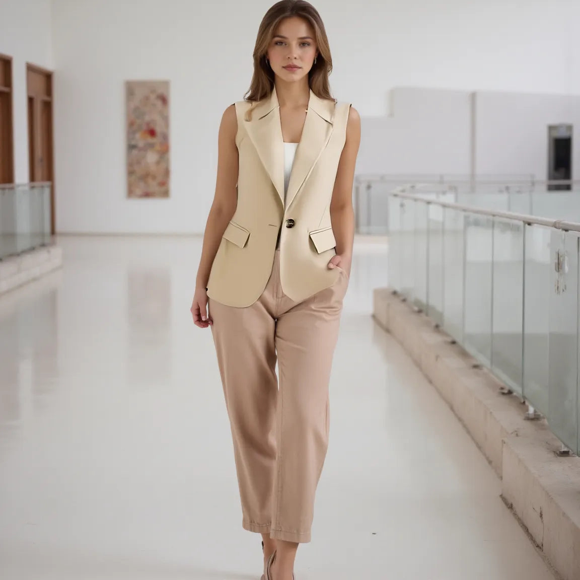 Woman wearing a beige vest and pants in a modern indoor setting