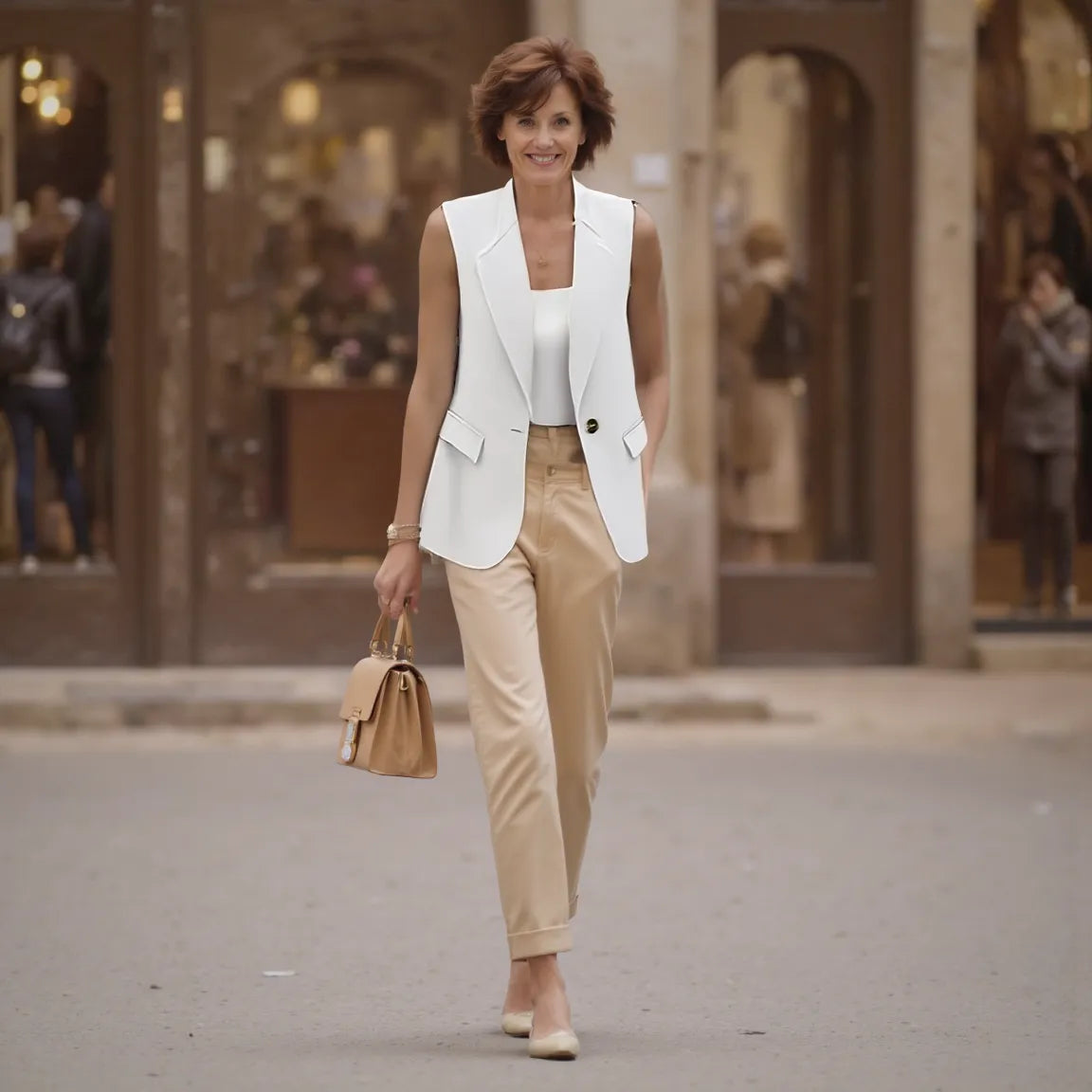 Woman in a white blazer and beige pants walking on a street.