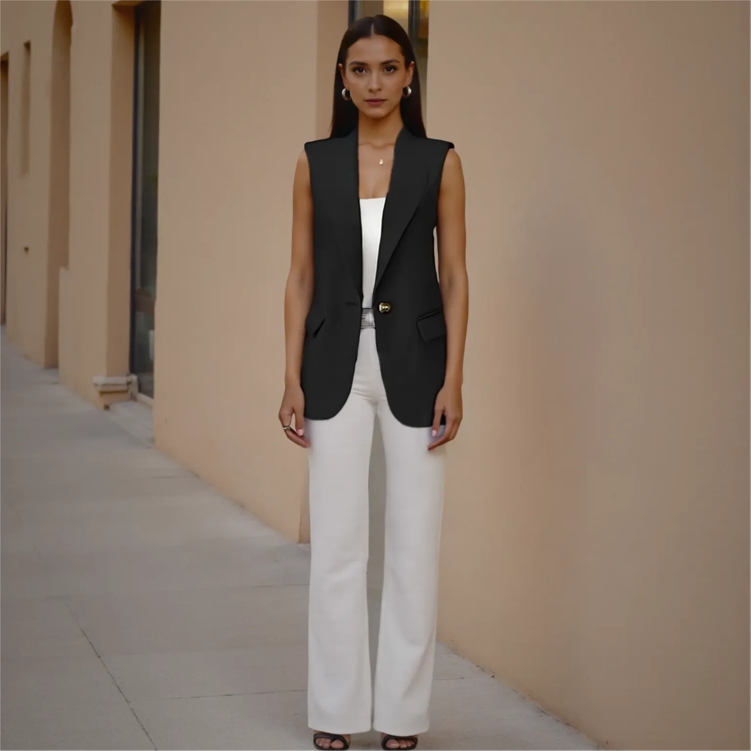Woman wearing a black sleeveless blazer and white pants standing against a beige wall.