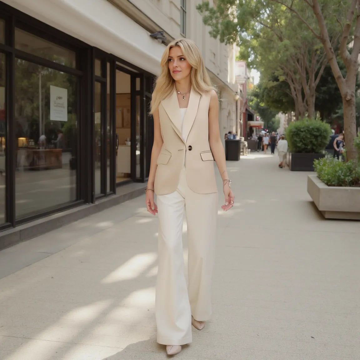Woman in a beige vest and white pants walking on a city street.