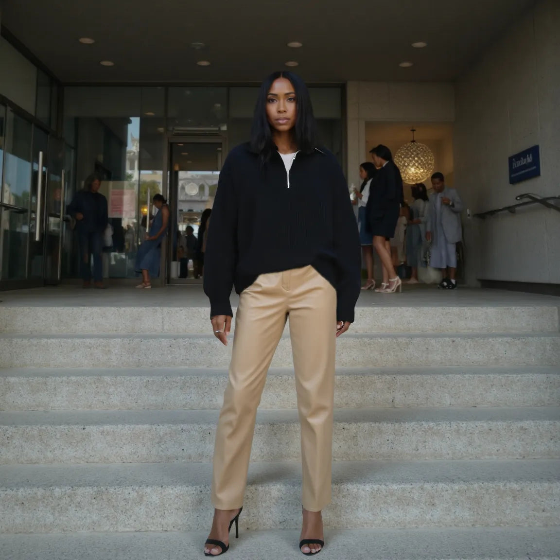 Woman standing on steps wearing a black top and beige pants, with a blurred background of people and building.