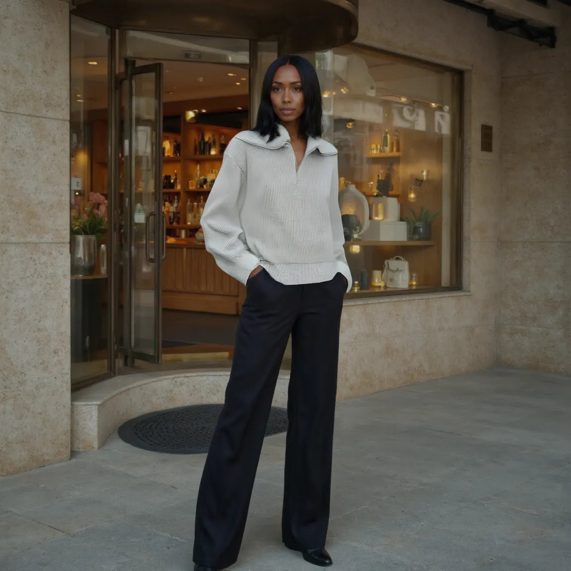 Woman in a white sweater and black pants standing in front of a store entrance.