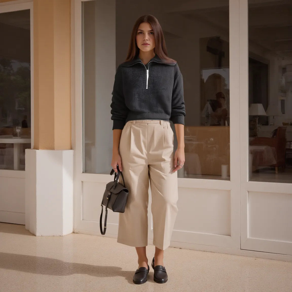 Woman standing in a modern indoor setting wearing a dark sweater and beige pants.