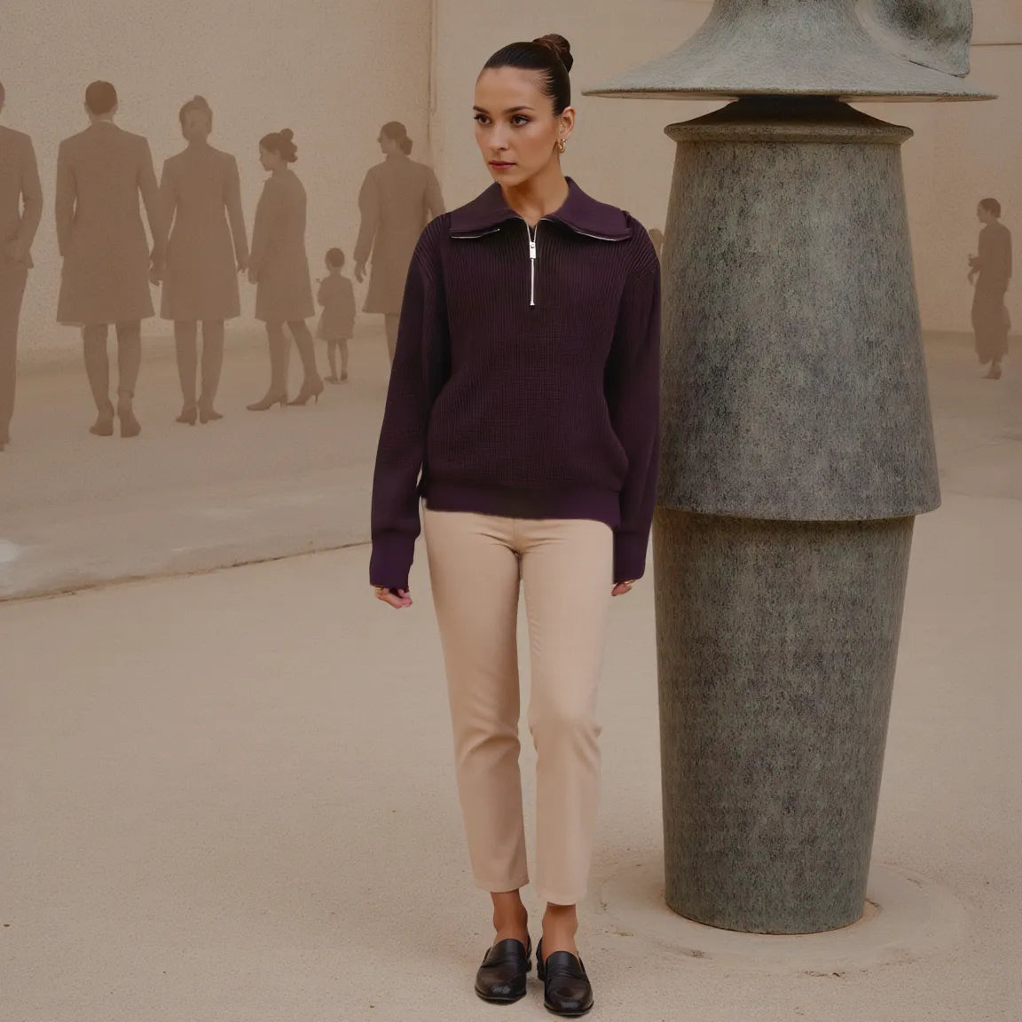 Woman in a purple sweater and beige pants standing next to a large metallic sculpture in a desert-like setting.