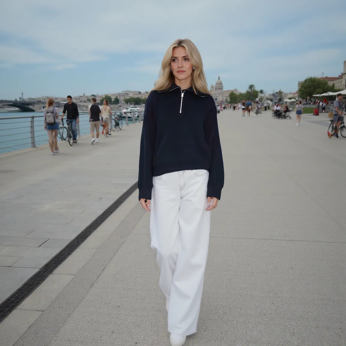 Woman in navy sweater and white pants standing on a promenade with people and buildings in the background.