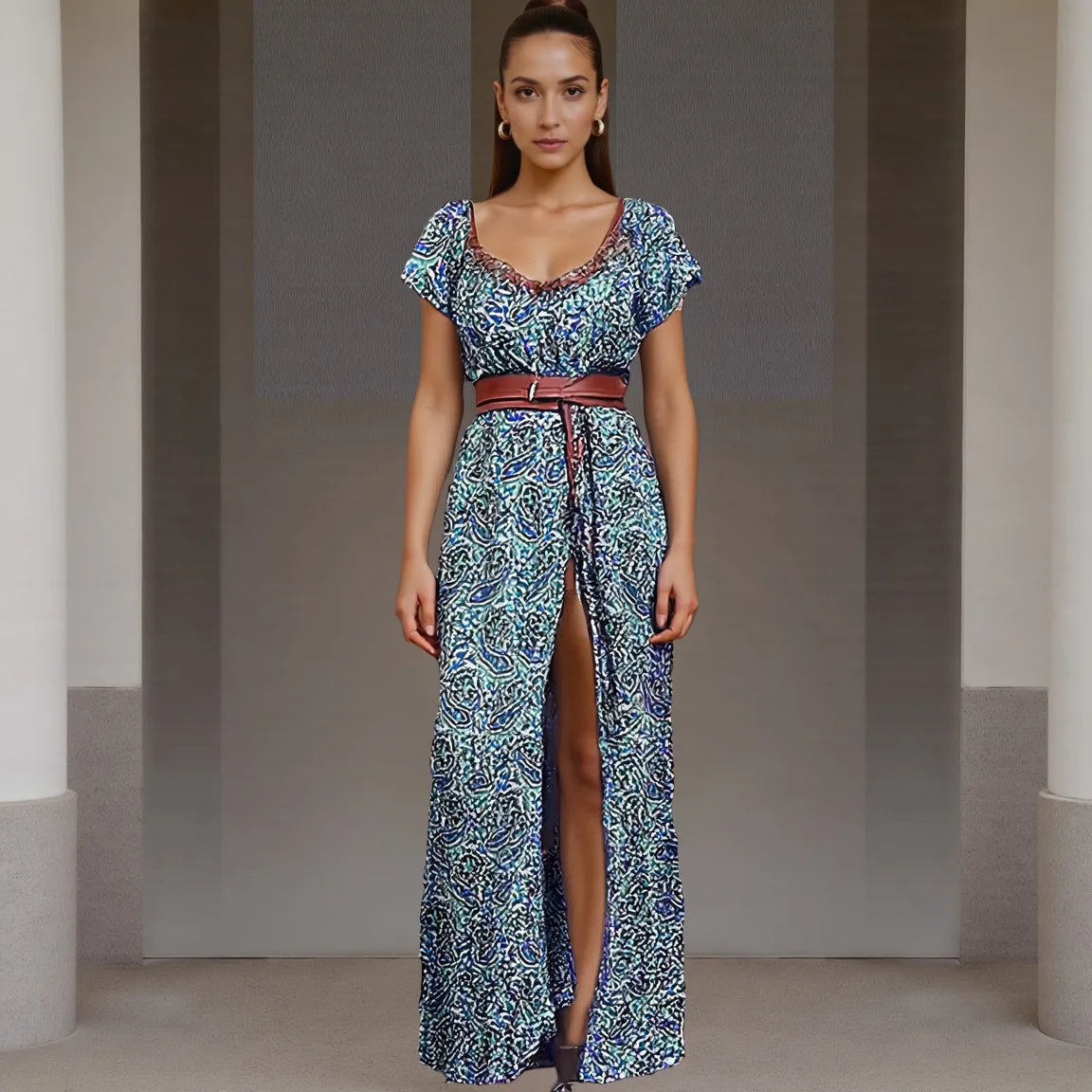 Woman wearing a patterned dress with a belt in an indoor setting