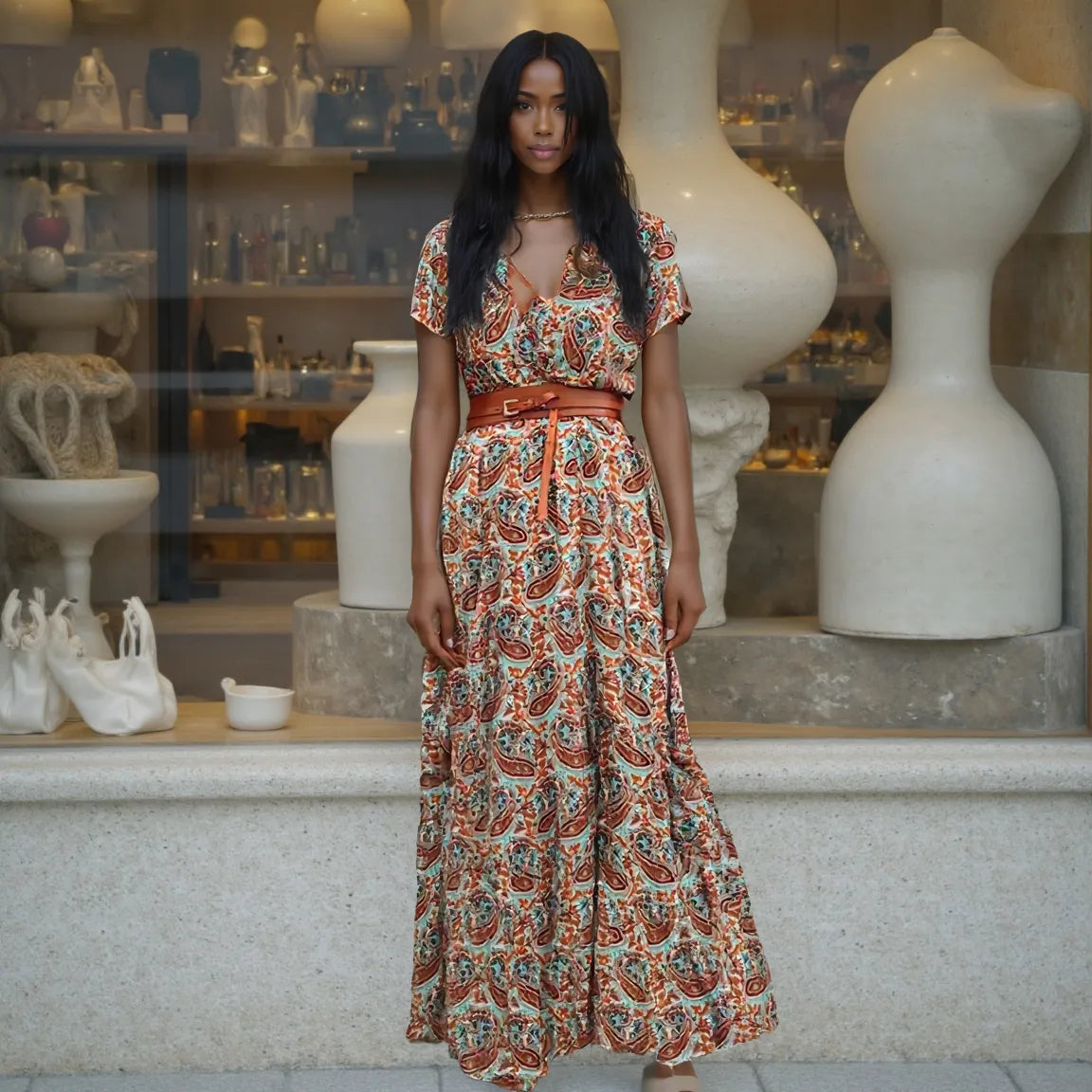 Woman in a patterned dress standing in front of a store window with decorative items.