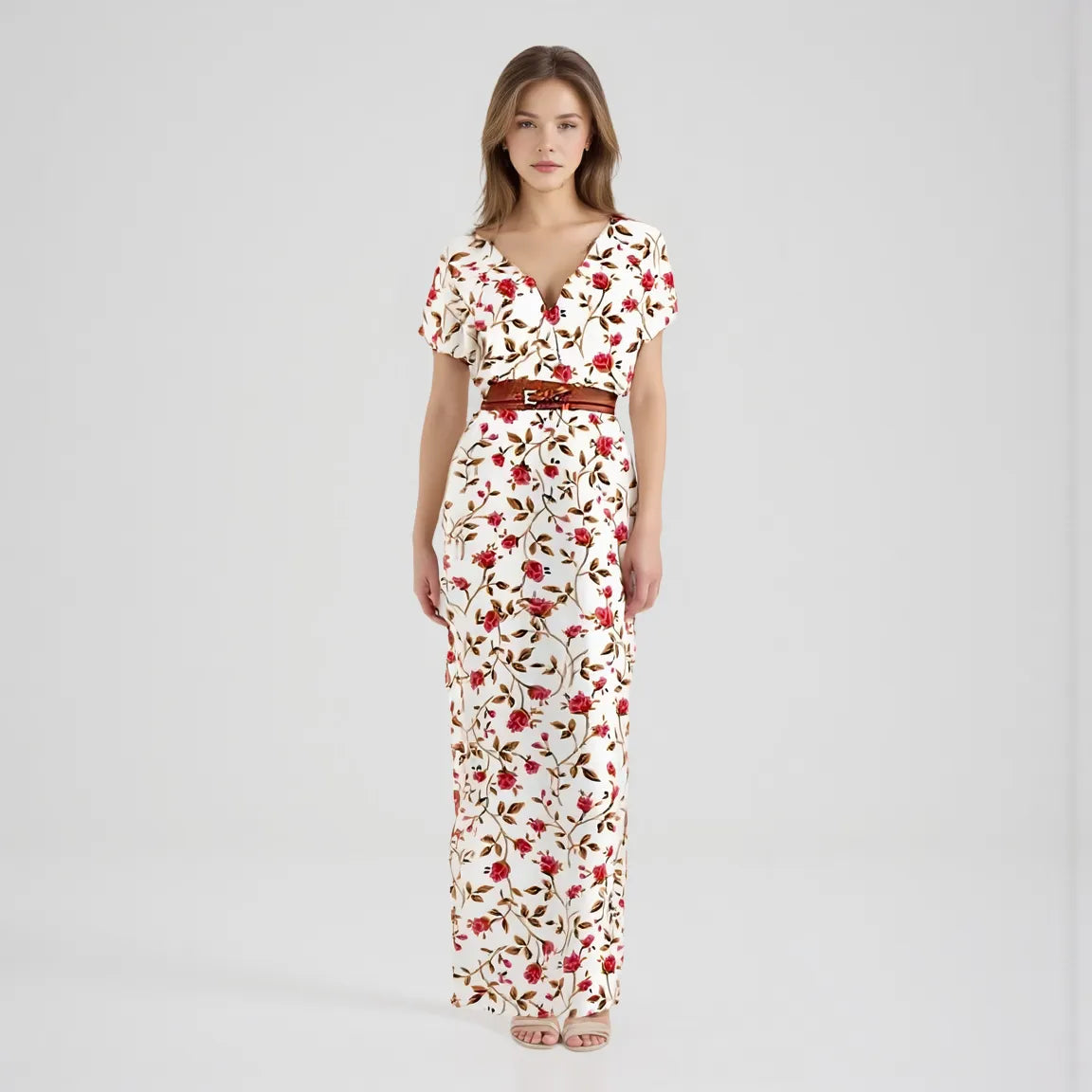 Woman wearing a floral dress with a belt on a plain background