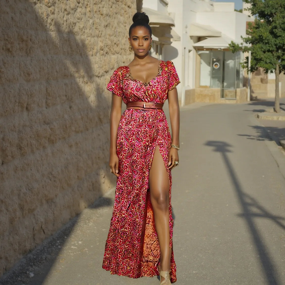 Woman in a red patterned dress standing on a street with a stone wall and building in the background.