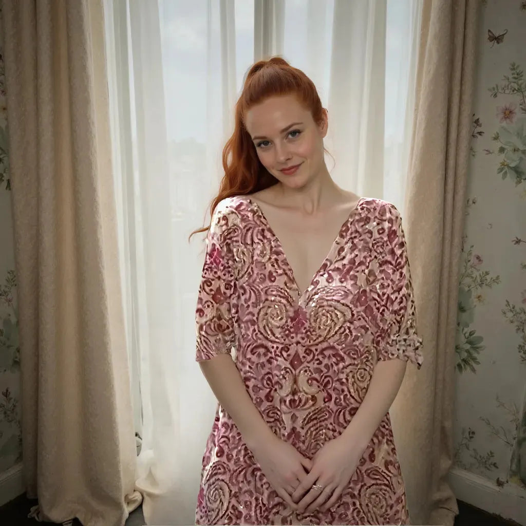 Woman wearing a pink patterned dress standing in front of white curtains.