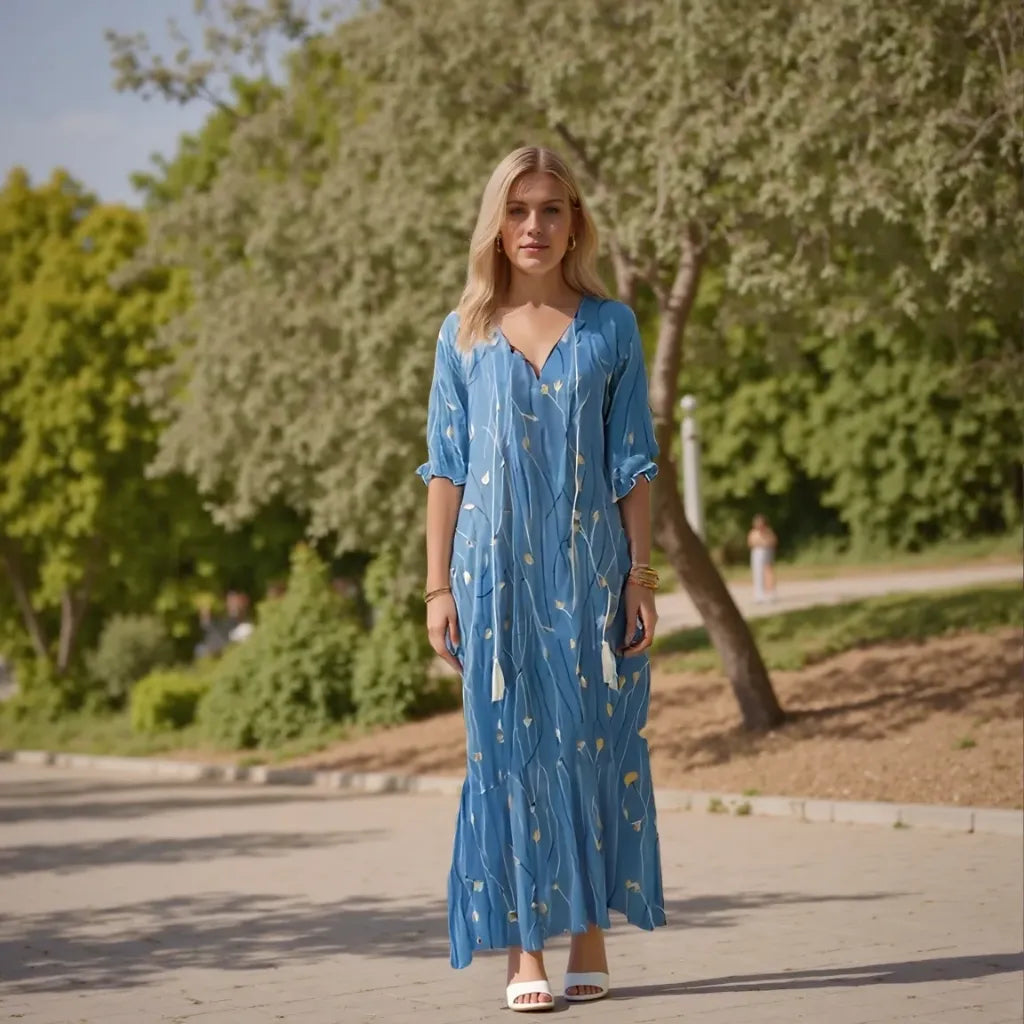 Woman in a blue dress standing in a park-like setting with trees and greenery.