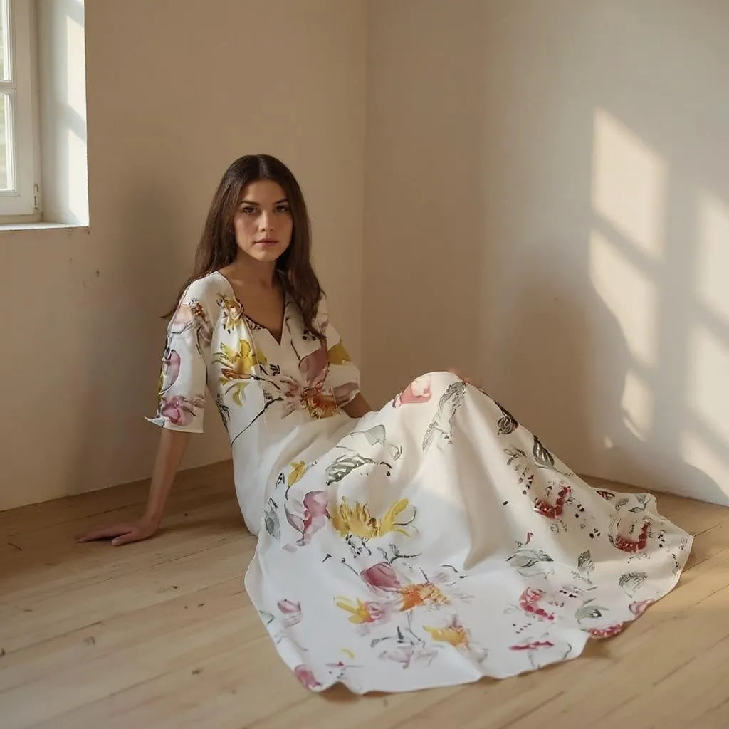 Woman in a floral dress sitting on a wooden floor with sunlight streaming in.
