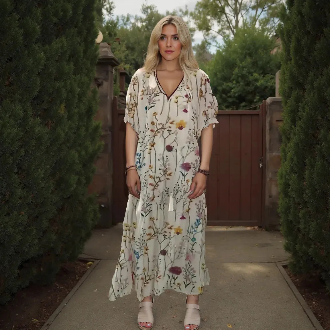 Woman wearing a floral dress standing outdoors with greenery and a wooden gate in the background