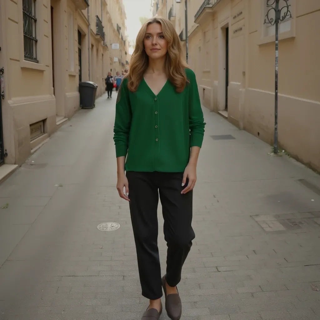 Woman in a green shirt and black pants walking down a narrow street.