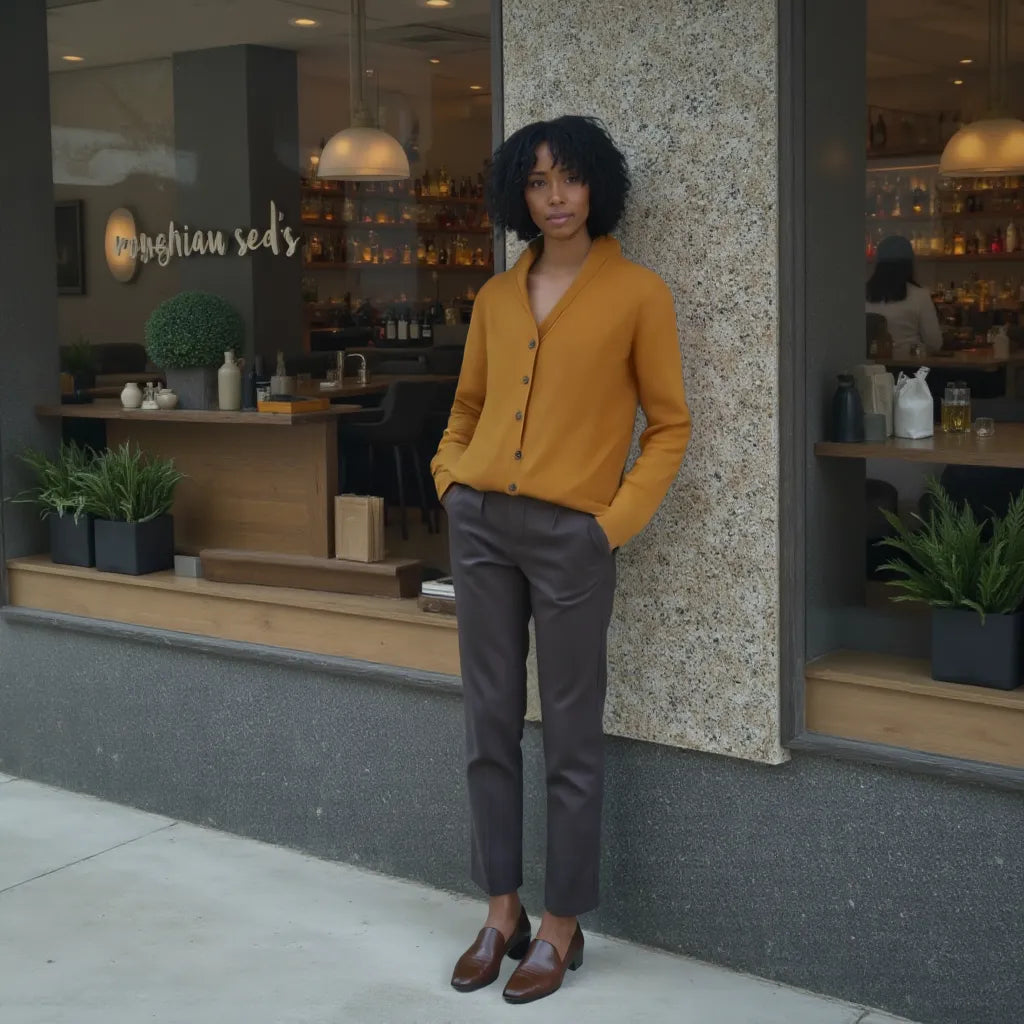 Person wearing a yellow sweater and gray pants standing outside a store with a modern interior.