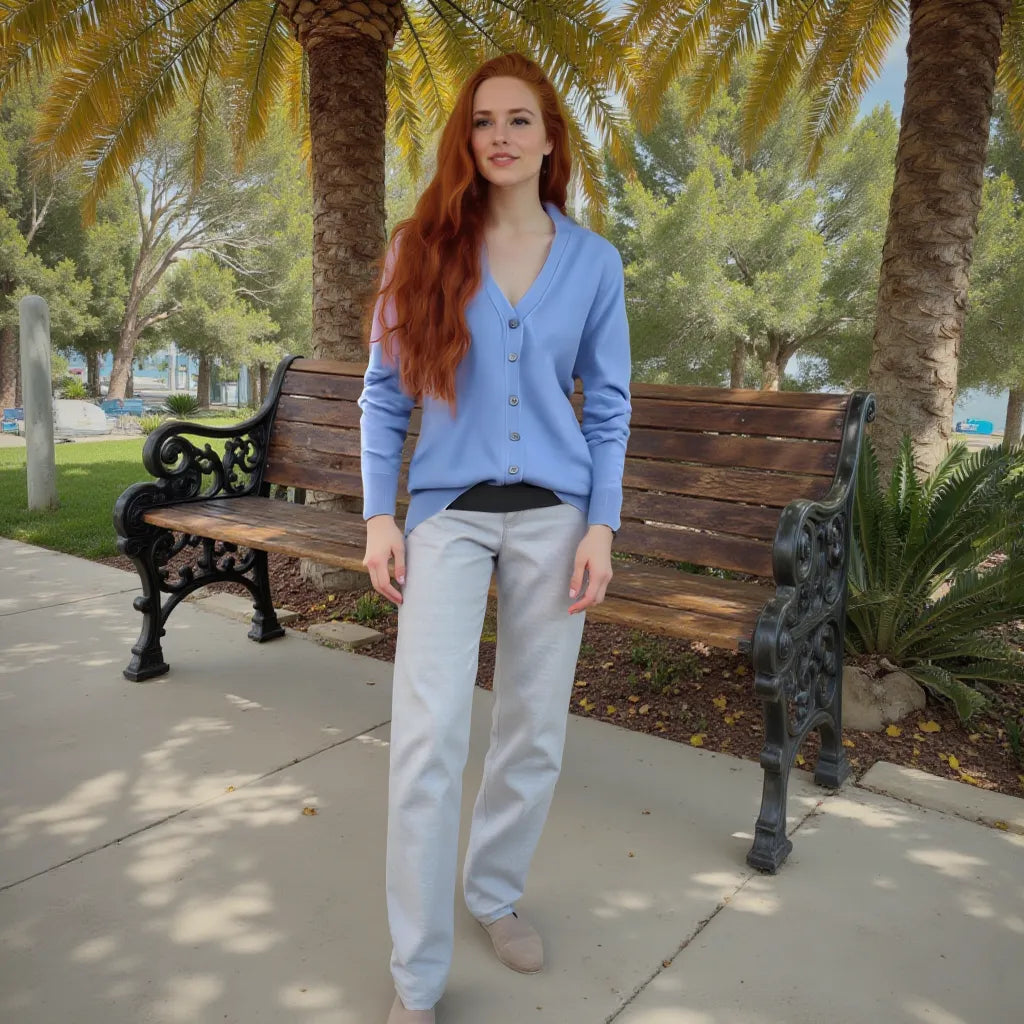 Woman in a blue cardigan standing next to a wooden bench in a park.