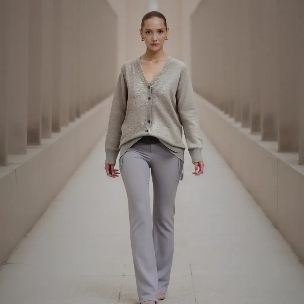 Woman wearing a light gray cardigan and pants in a minimalist setting