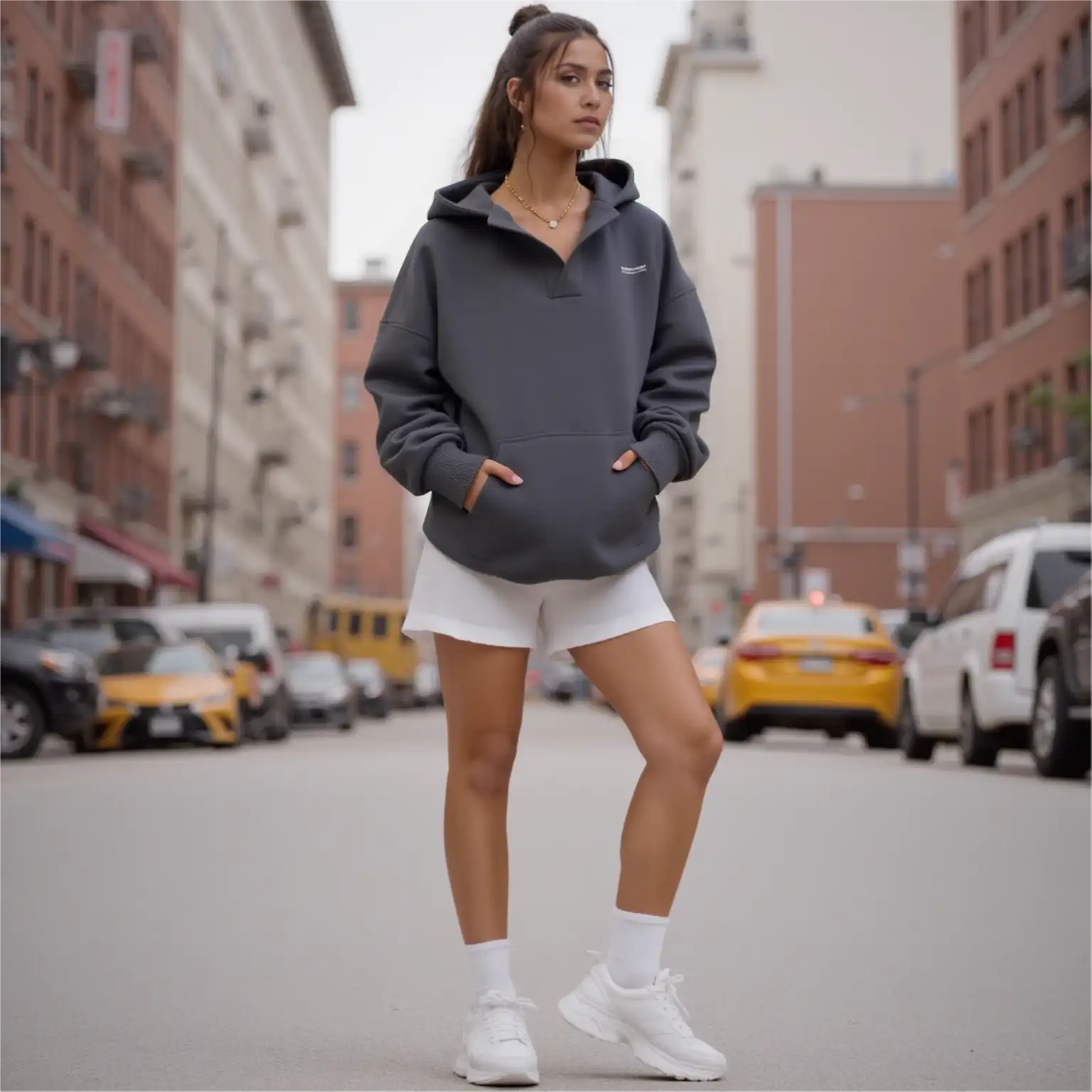Woman in a gray hoodie and white shorts standing on a city street with cars and buildings in the background.