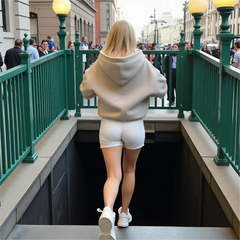Person in a light gray hoodie and white shorts walking on a city street.
