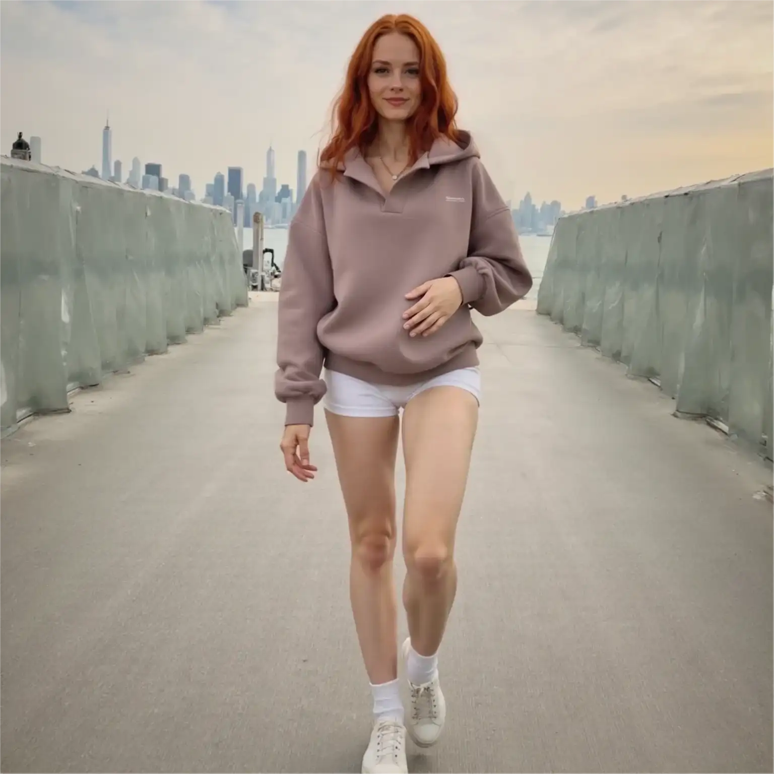 Woman in a pink hoodie and white shorts walking on a pathway with a city skyline in the background