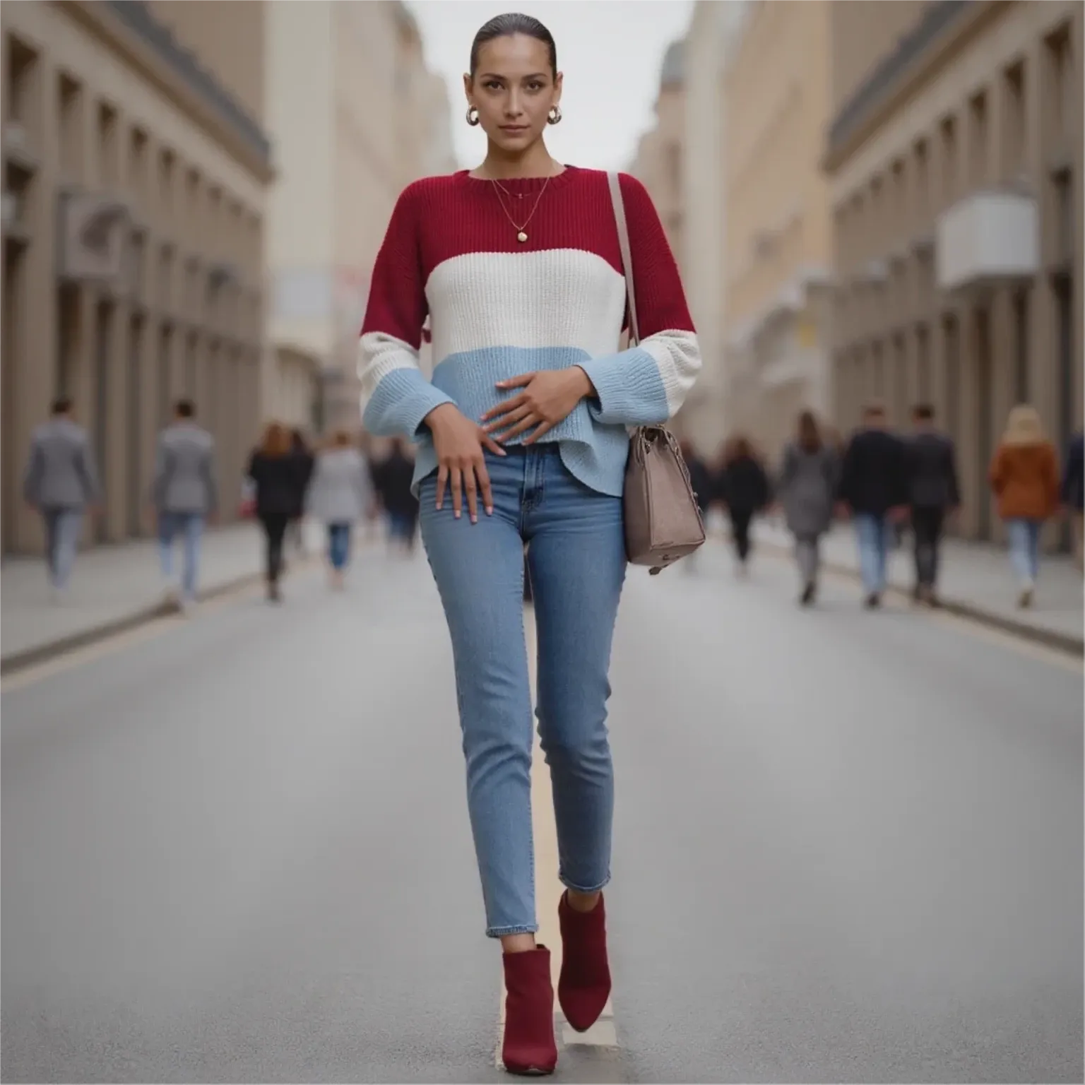 Woman walking down a city street wearing a colorful sweater and jeans.