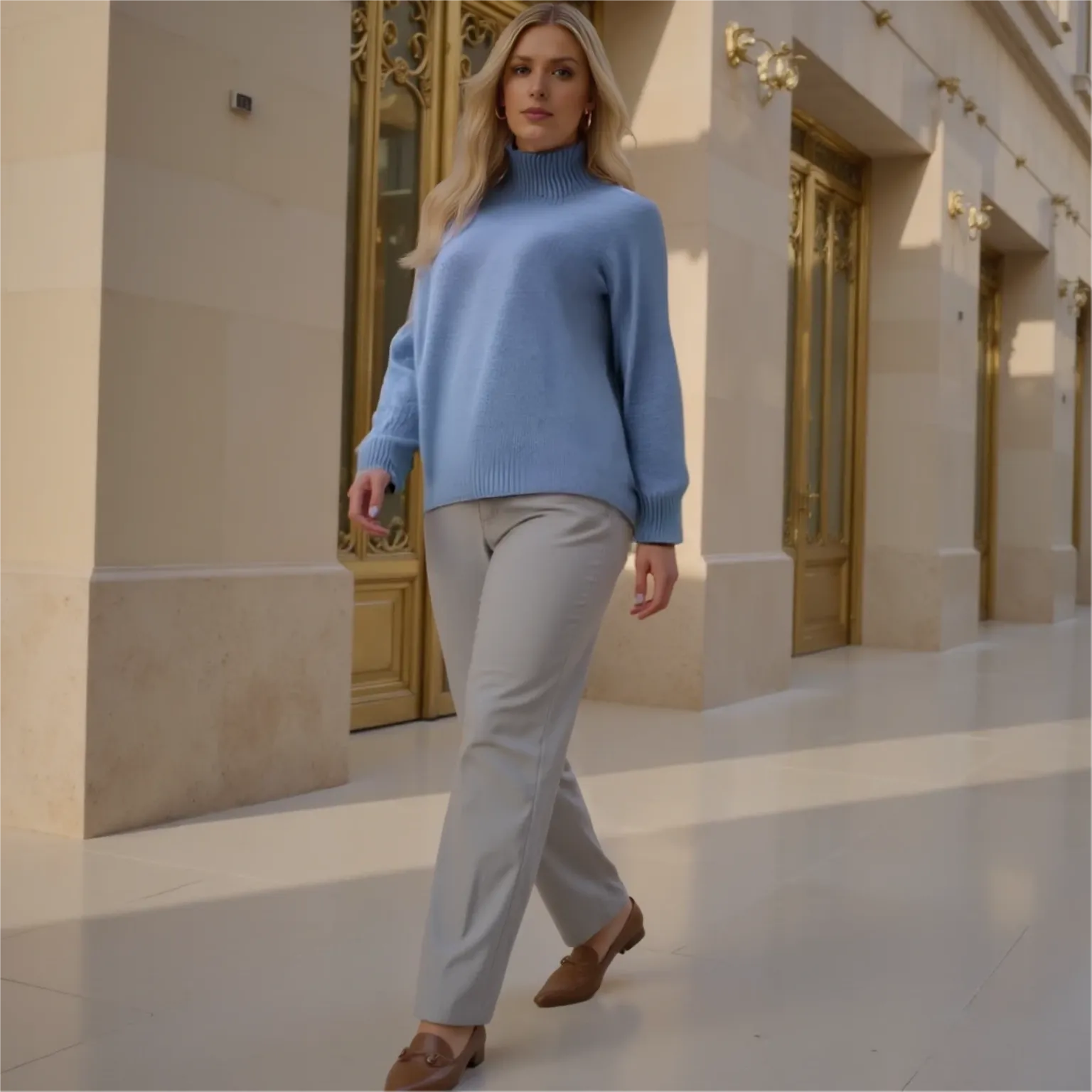 Woman in a blue sweater and gray pants walking in an elegant interior setting.