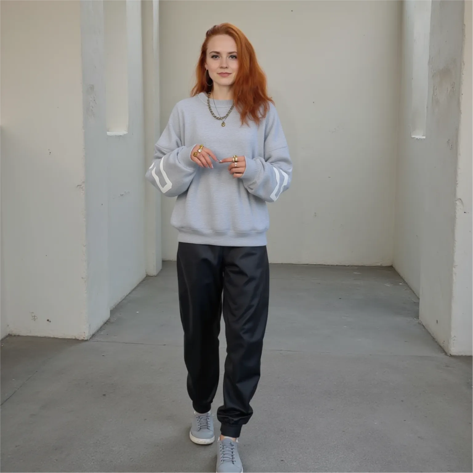 Woman wearing a light gray sweatshirt and dark pants standing in a minimalistic room.