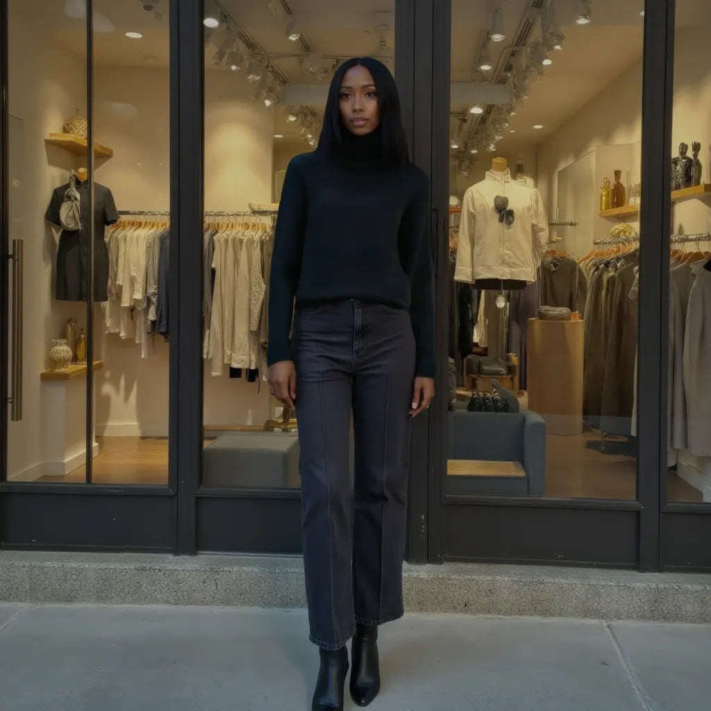 Woman in a black outfit standing in front of a clothing store with mannequins inside.