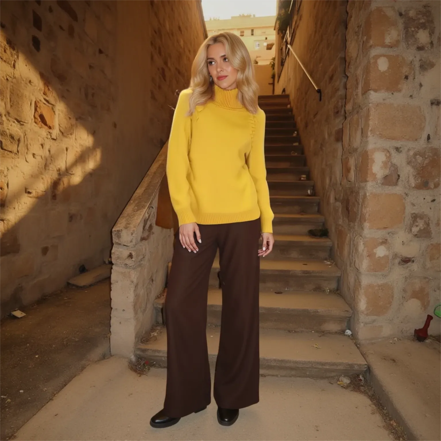 Woman in a yellow sweater and brown pants standing on stone steps with stone walls.