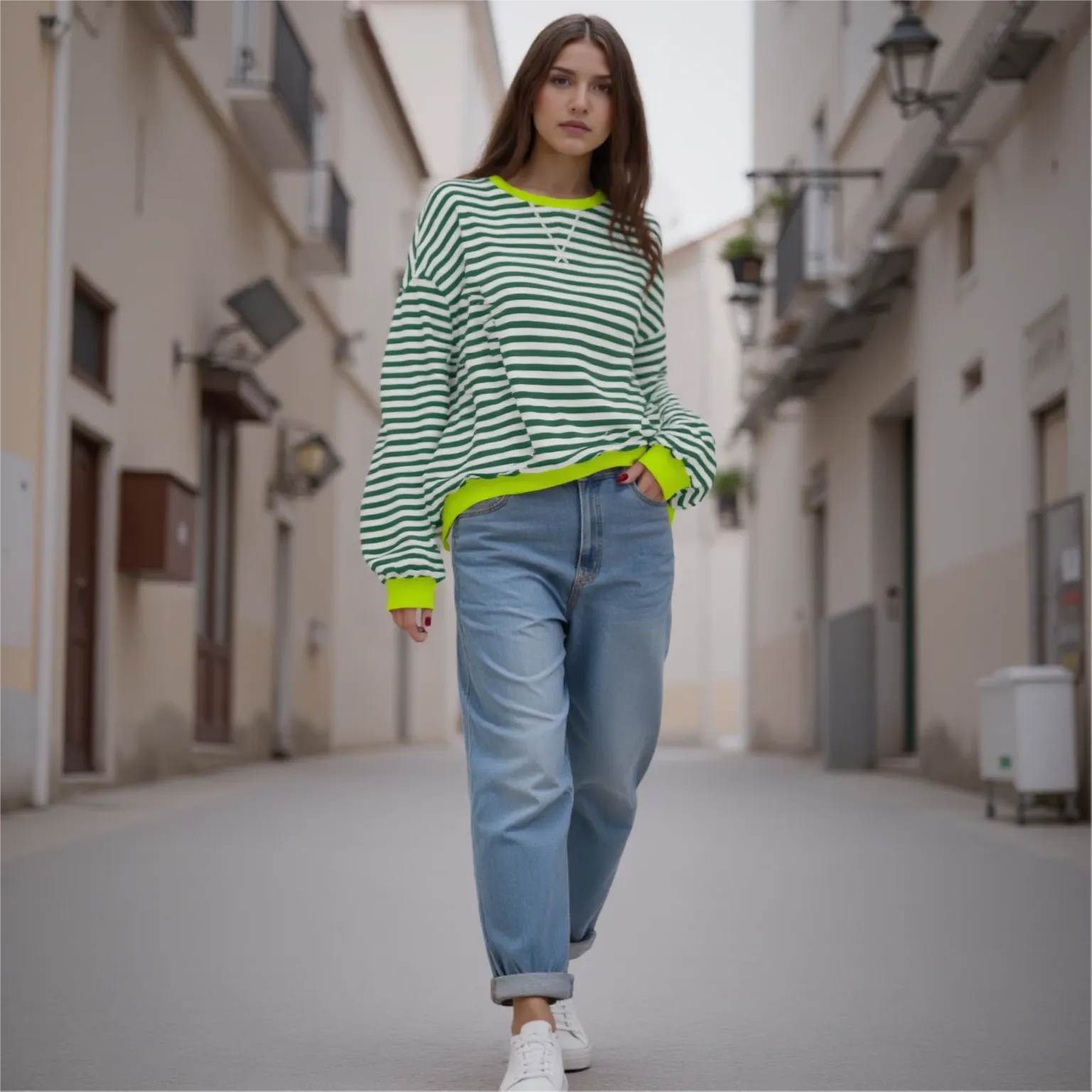Woman wearing a green and white striped sweater with blue jeans walking down a street.