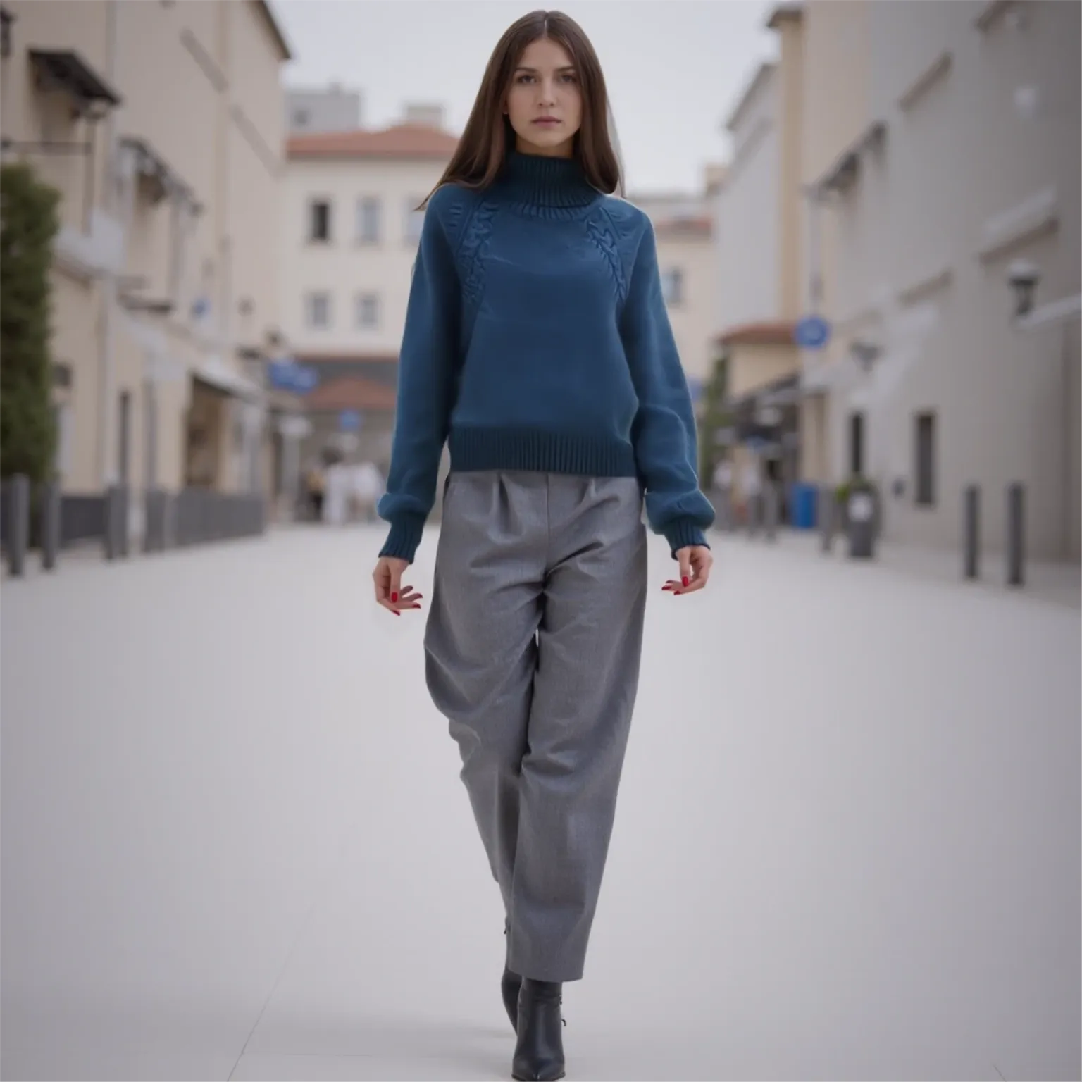 Woman in a blue sweater and gray pants walking on a city street.