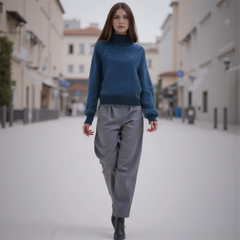Woman in a blue sweater and gray pants walking on a city street.