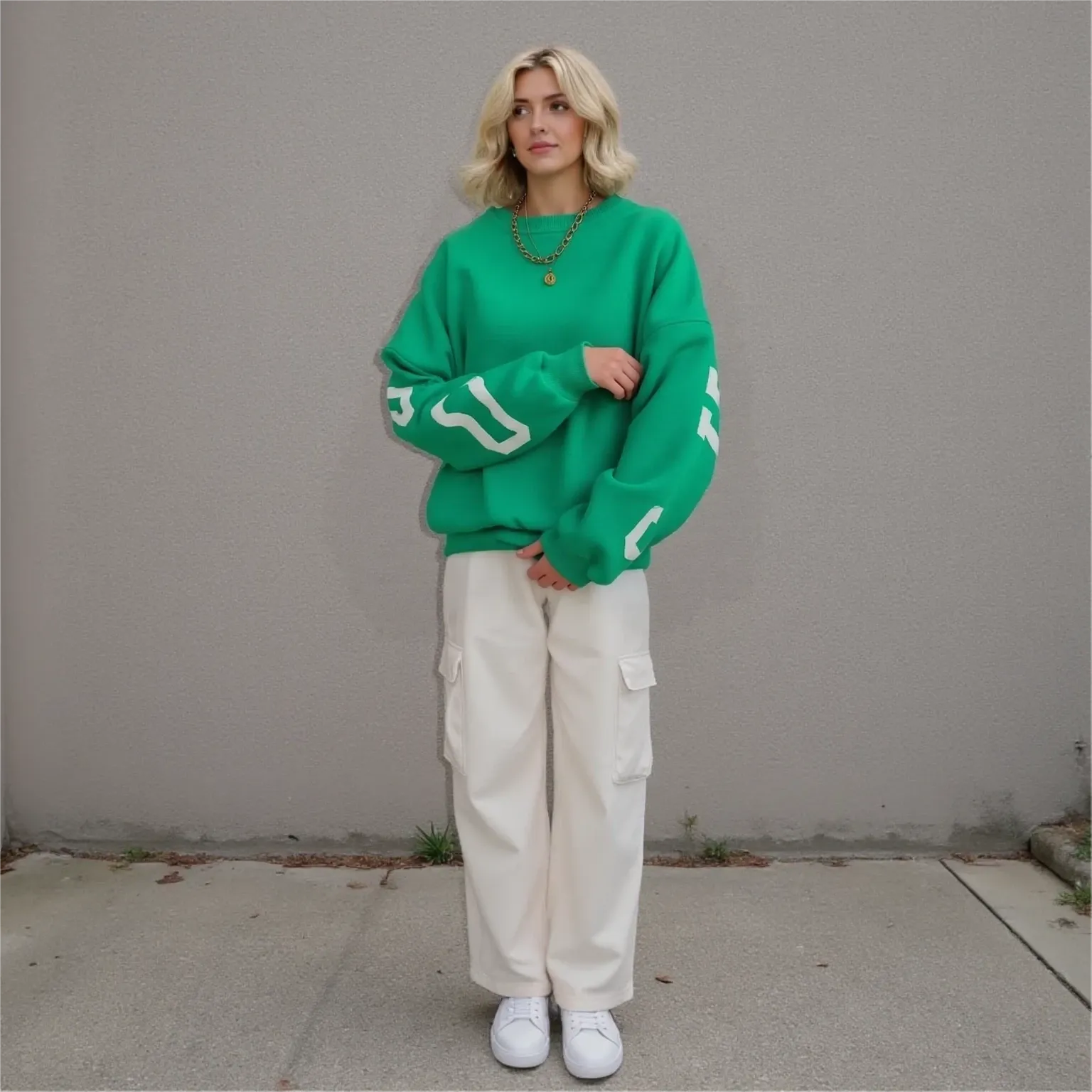 Person wearing a green sweater with white patterns and beige pants against a gray wall.