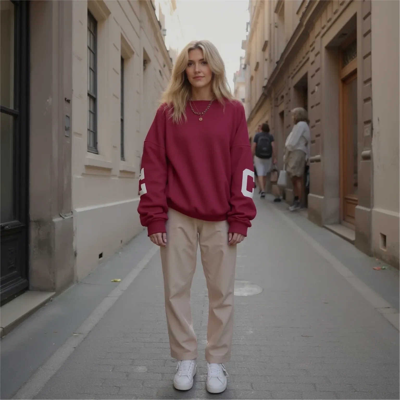 Woman wearing a red sweatshirt and beige pants standing on a city street.