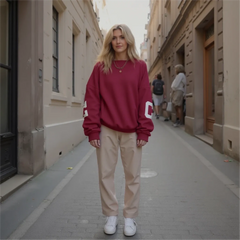 Woman wearing a red sweatshirt and beige pants standing on a city street.