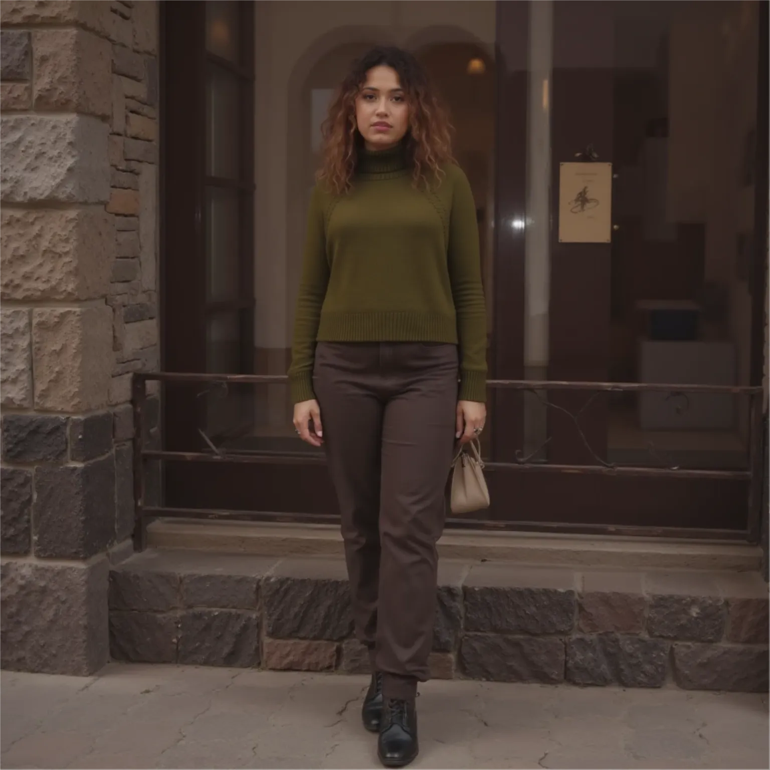 Woman in a green sweater and brown pants standing on a stone pavement.
