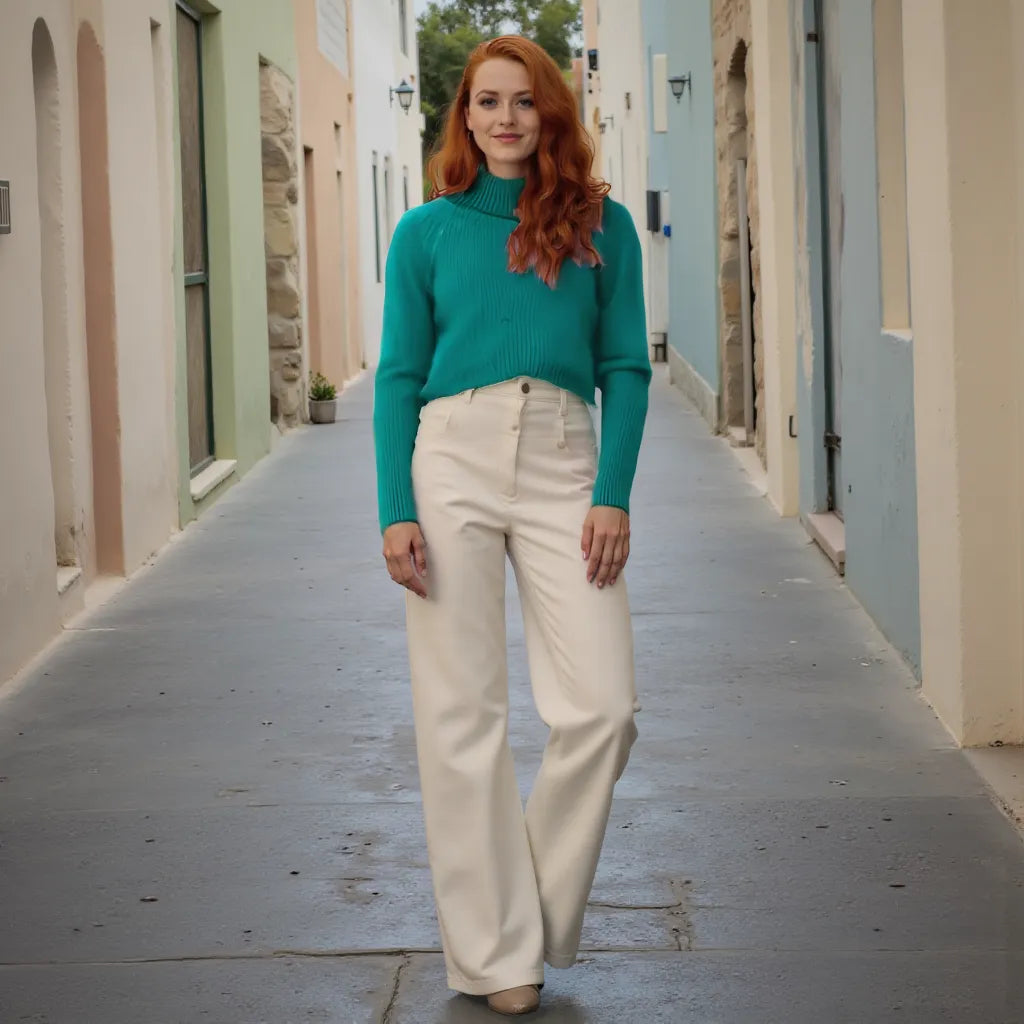 Woman in teal sweater and beige pants standing in a narrow alleyway.